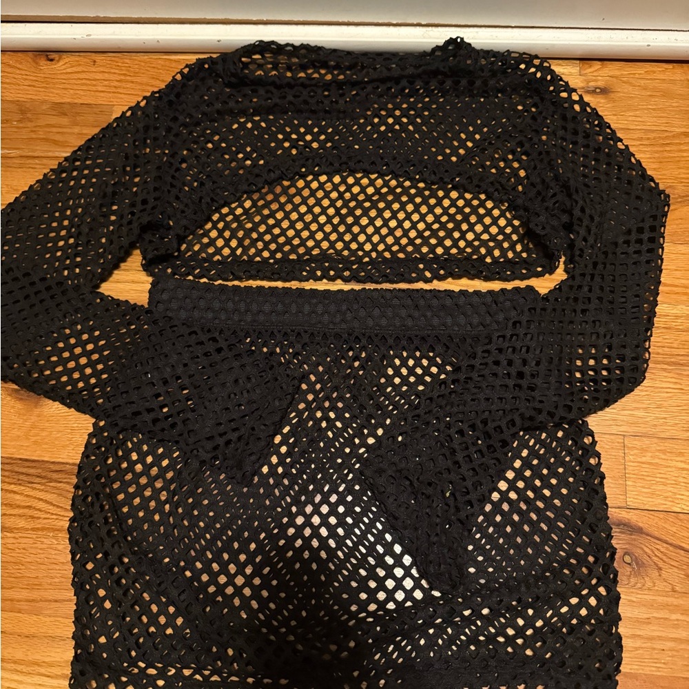 Black Mesh Swimsuit Coverup Set – 2 Piece Long Sleeve Crop Top & Skirt (XS/S)